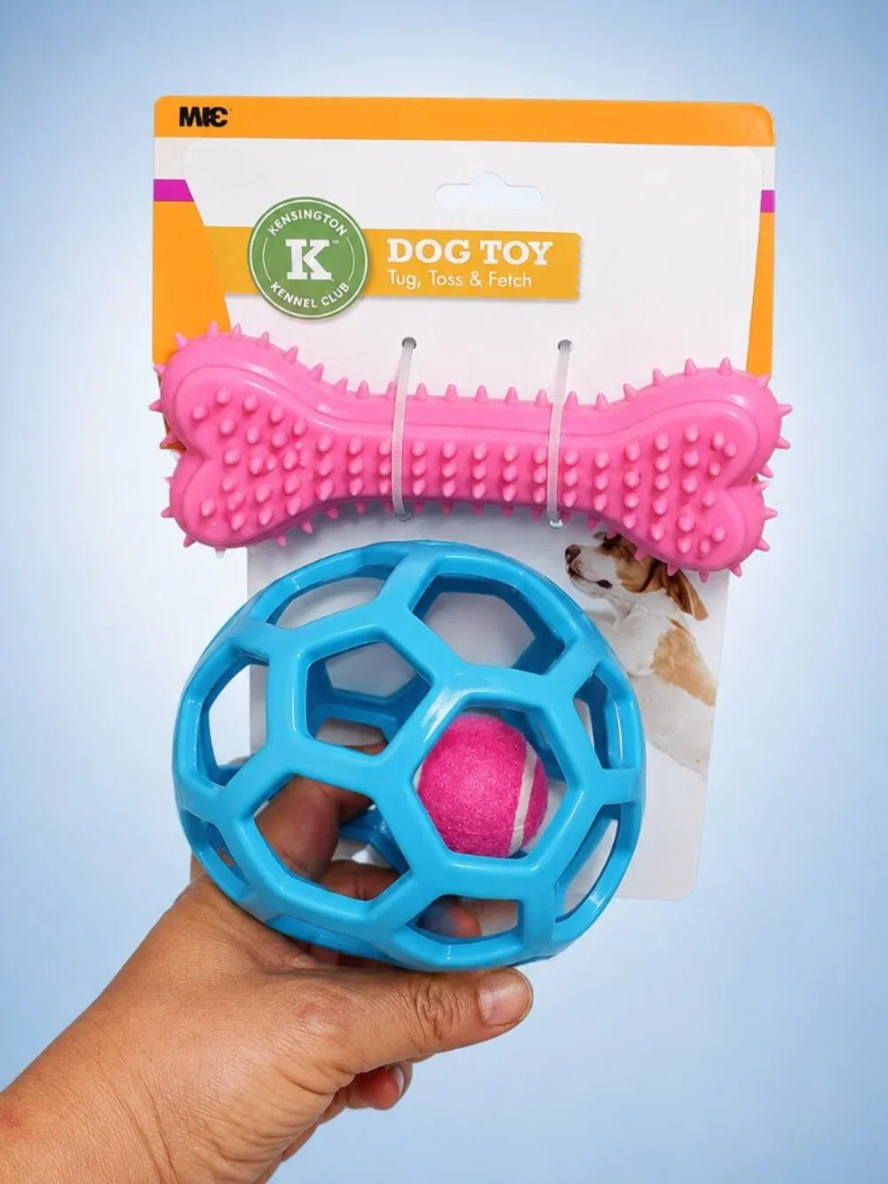 Kensington Kennel Club Dog Toy Set Pink Bone Blue Ball Tug Toss Fetch New